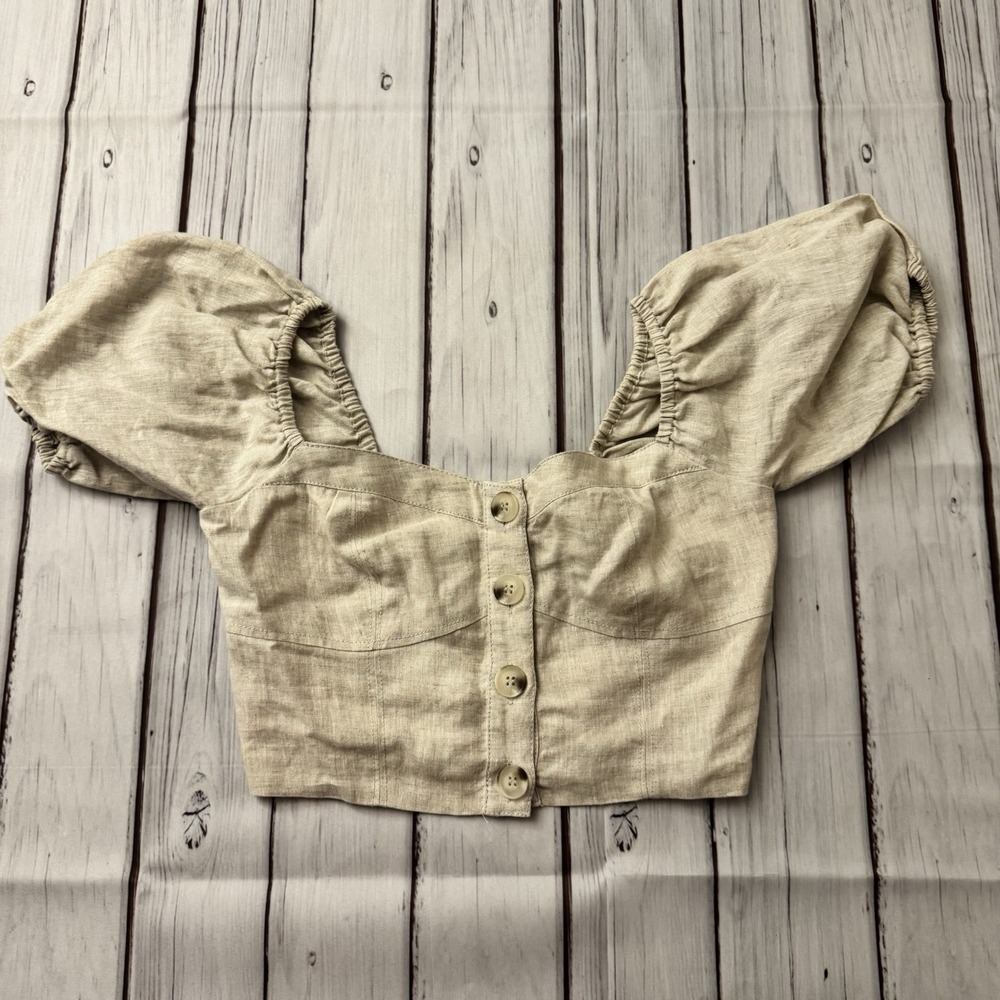SUBOO Linen Puff Sleeve Crop Top Women's Size S Beige Smocked Back Cottagecore